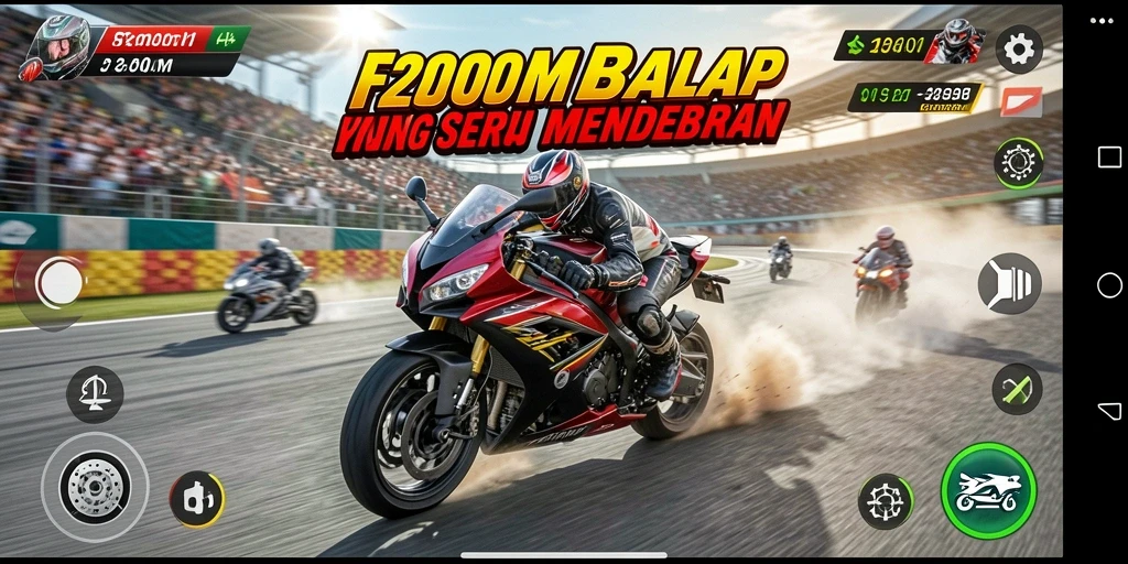 Gameplay F200M menampilkan balapan motor yang mendebarkan dan grafis menawan.