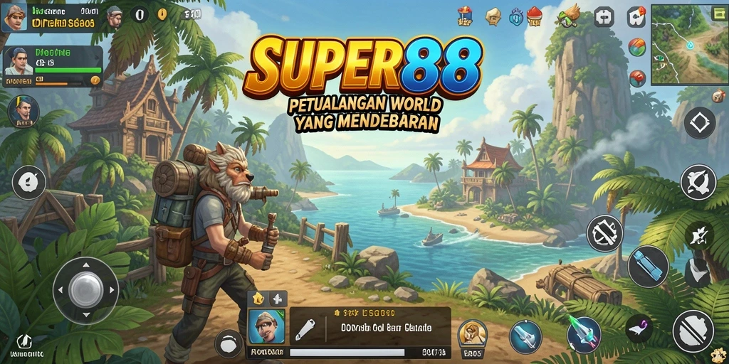 Screenshot utama SUPER88 menampilkan petualangan seru di dunia terbuka.