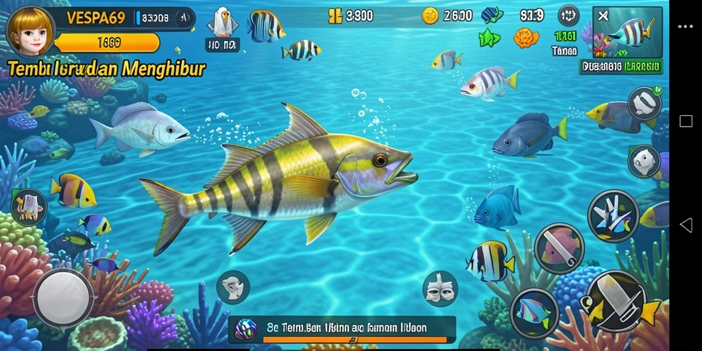 Tampilan gameplay seru dalam VESPA69 saat menangkap ikan.